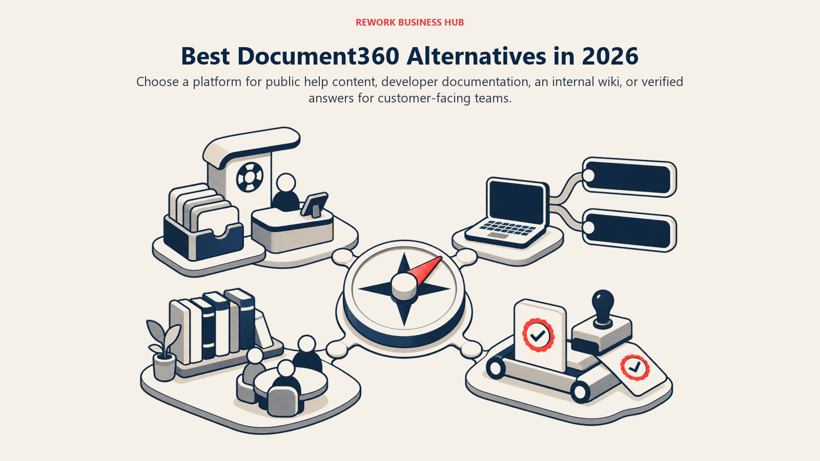 Best Document360 alternatives shown as a four-way documentation selector for help centers, developer docs, internal wikis, and verified answers
