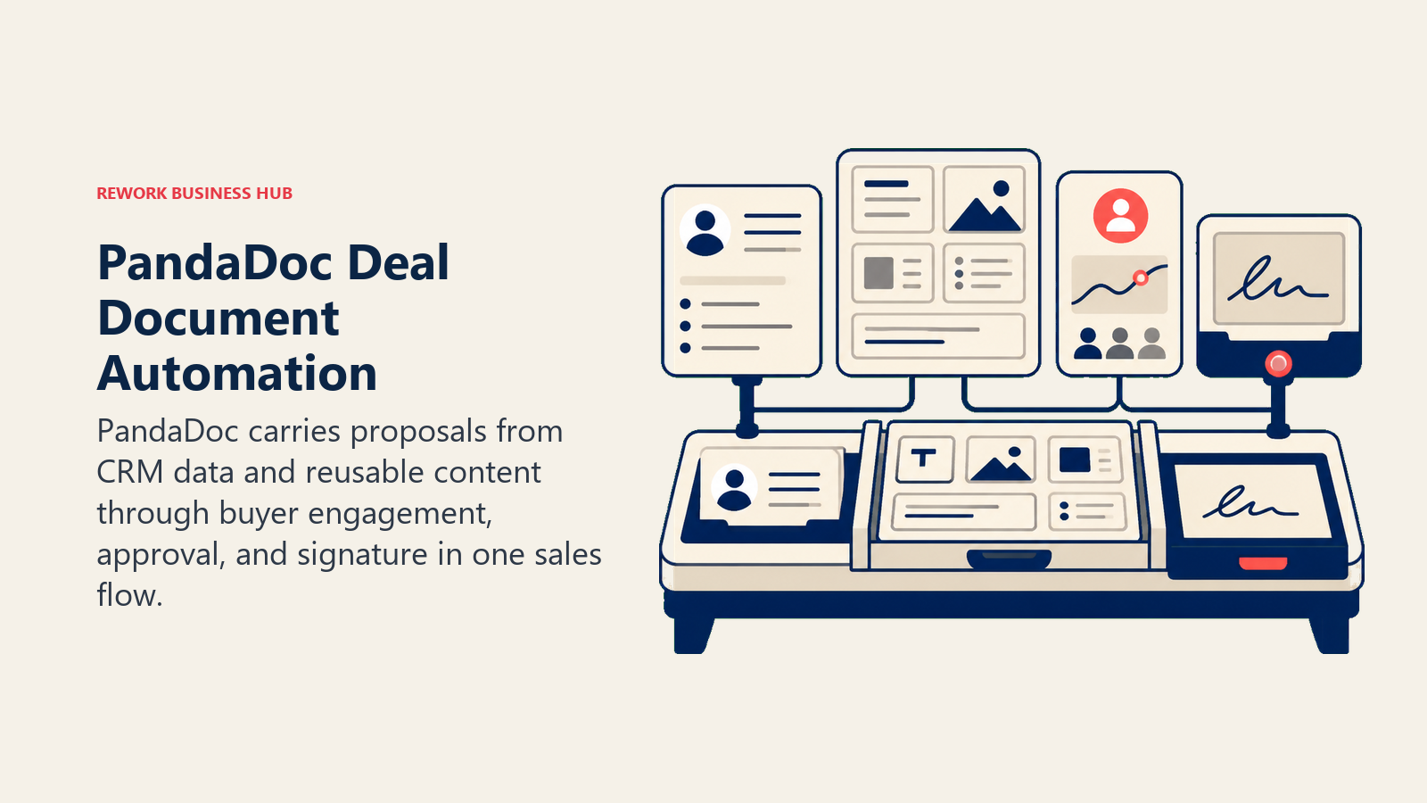 PandaDoc Deal Document Automation illustrated with proposal assembly bench with buyer signal