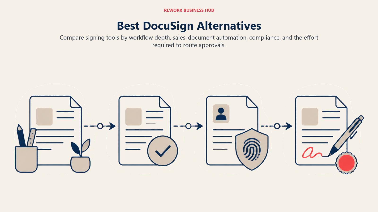 Best DocuSign Alternatives illustrated with document moving through approval and signature stations