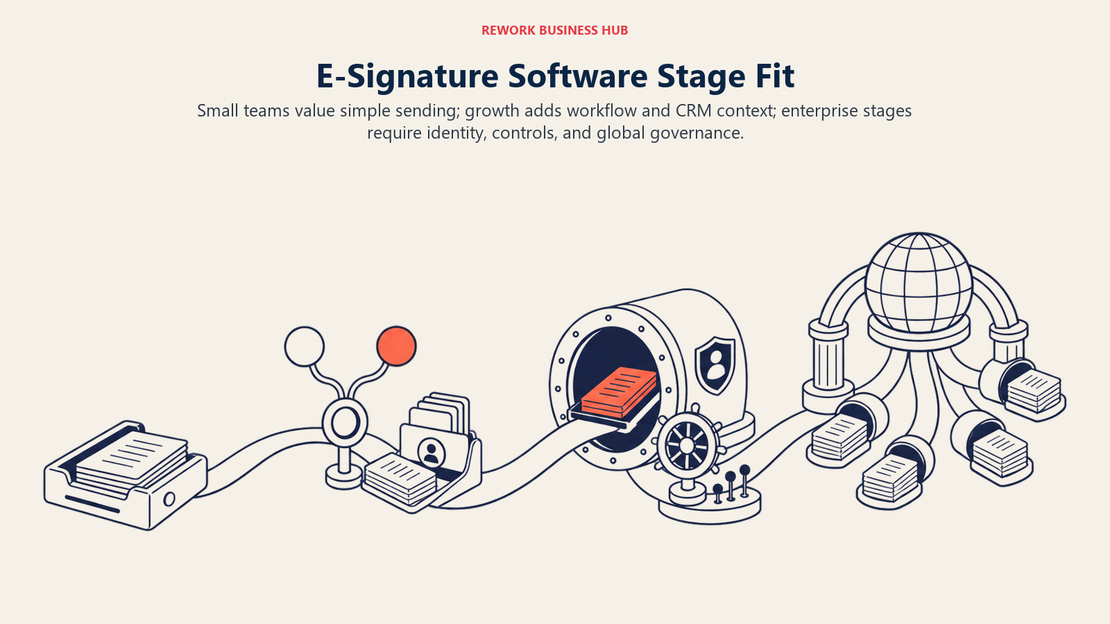 E-signature operating environments expanding from startup simplicity through growth workflow to enterprise identity and global governance