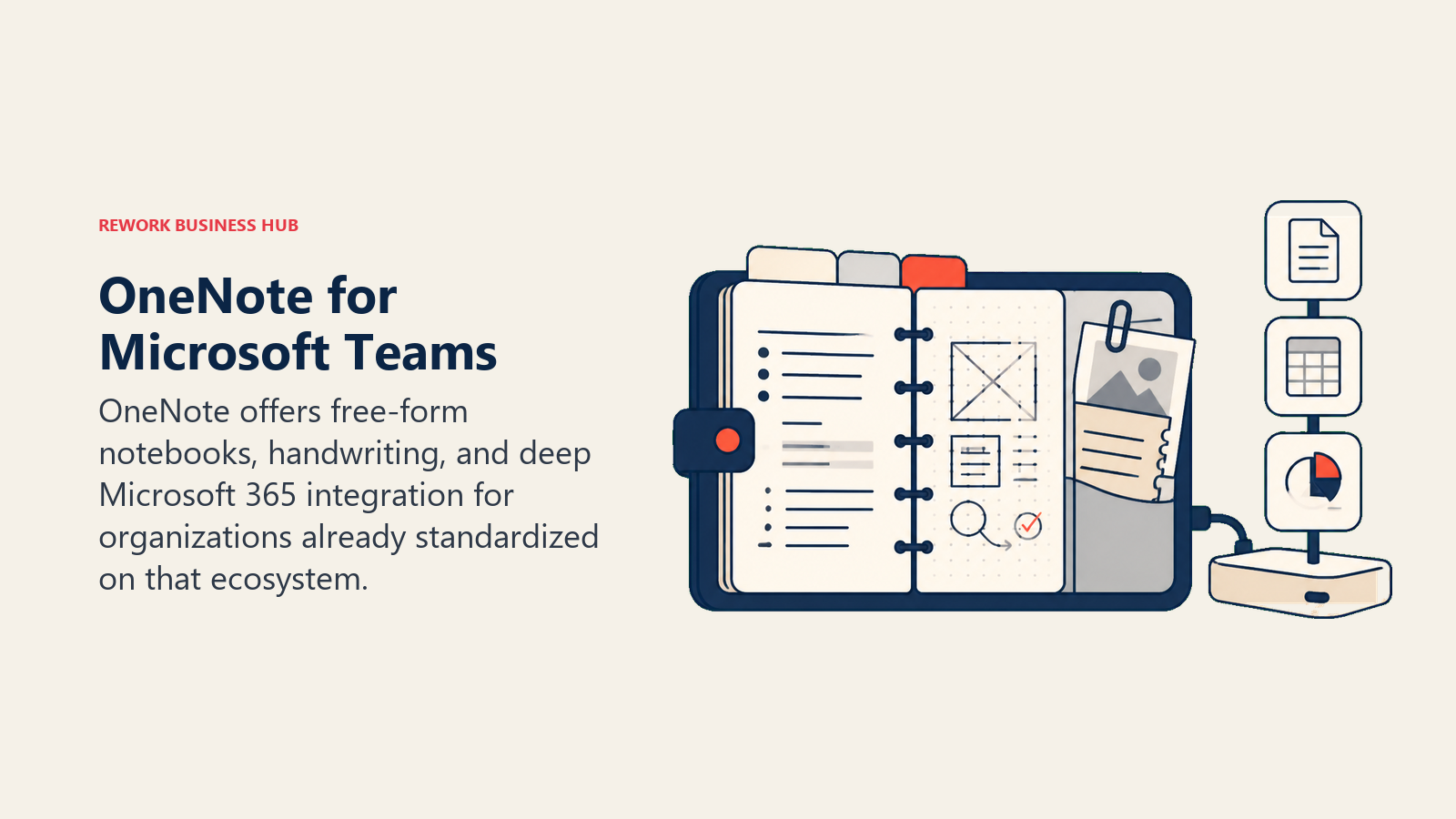 OneNote for Microsoft Teams illustrated with tabbed notebook beside office dock