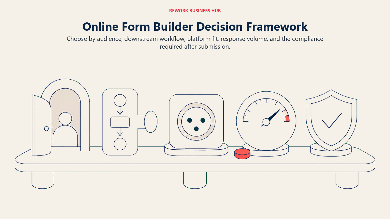 Online form builder decision framework shown as a buyer workbench for audience, workflow, platform, volume, and compliance