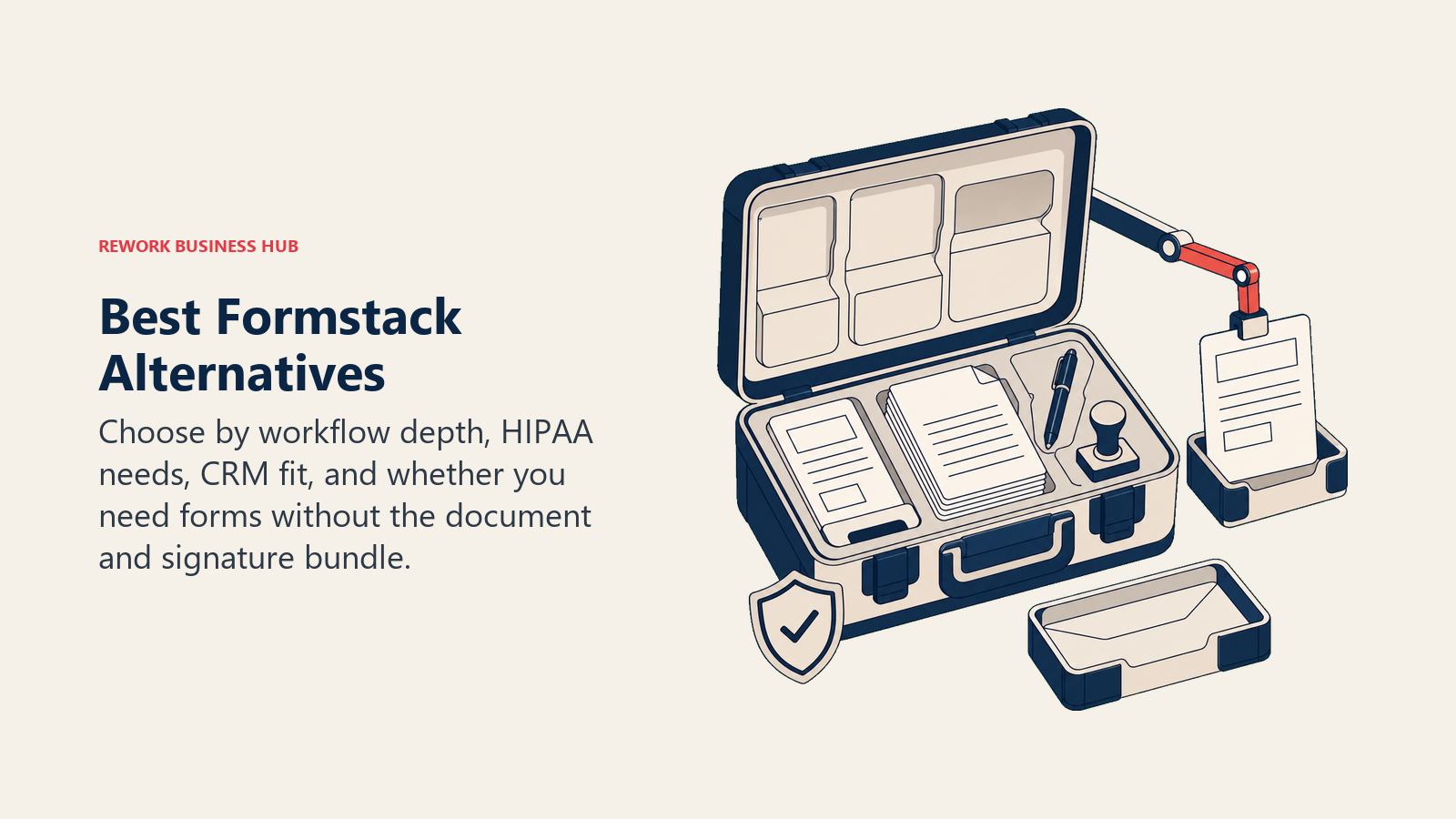 Best Formstack alternatives shown as a bundled form, document, and signature tool chest with a detachable form core