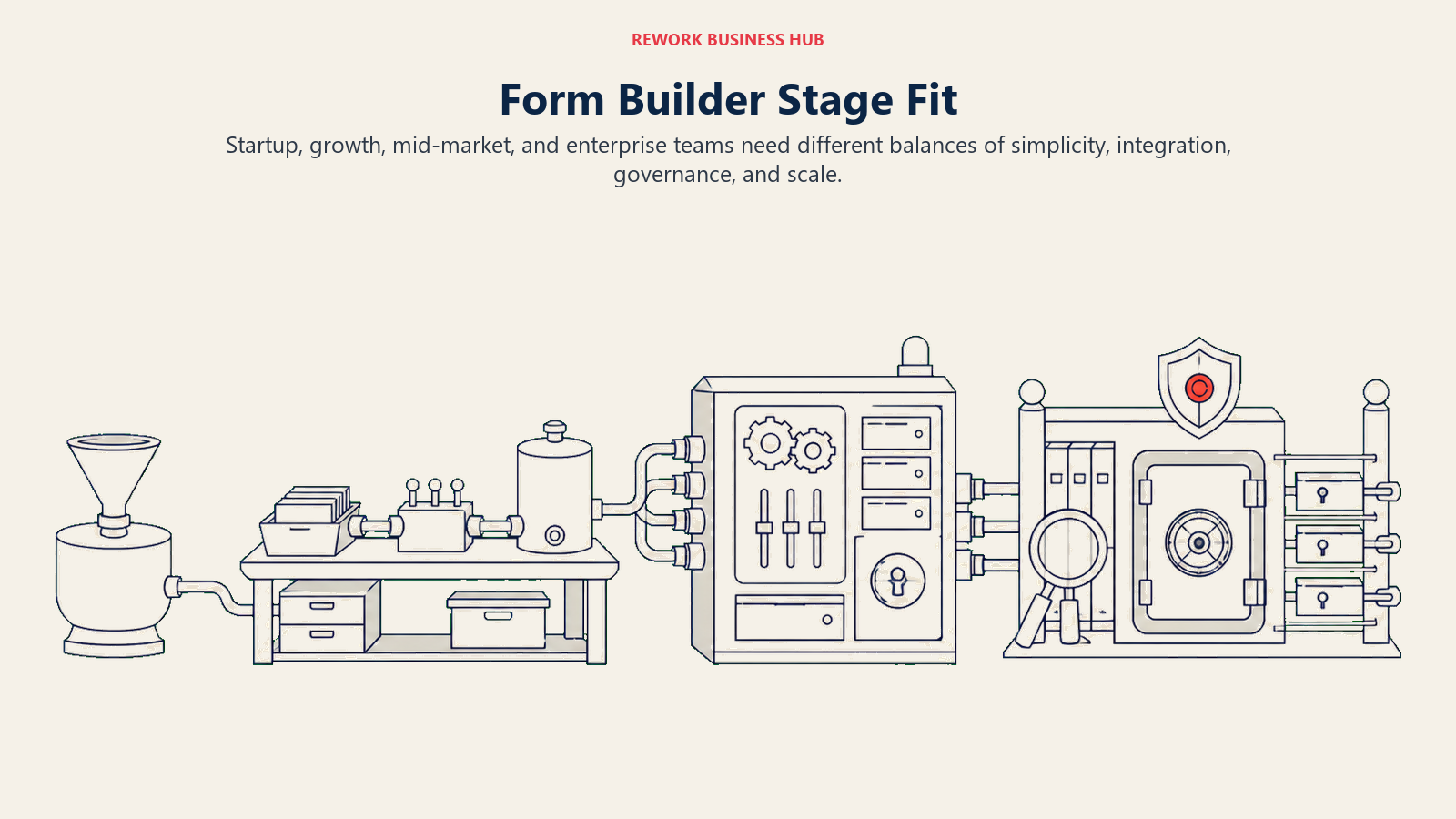Form builder stage fit shown as four operating environments growing from a lean startup kit to an enterprise governance system