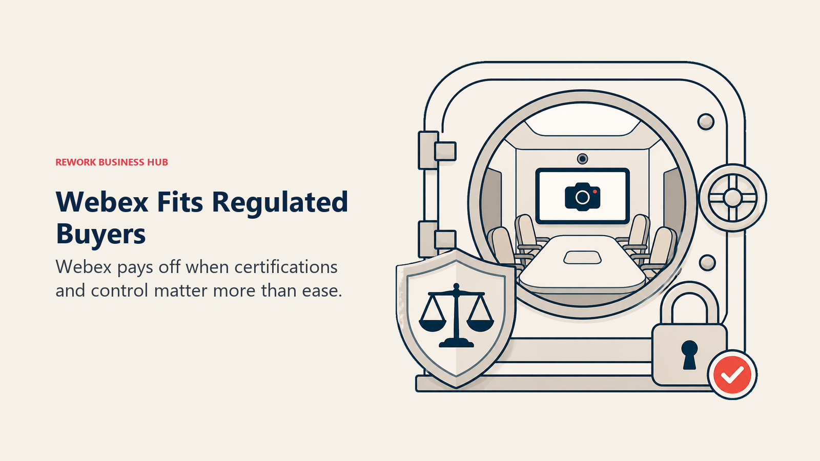 Webex Fits Regulated Buyers shown as one regulated meeting vault with an audit shield