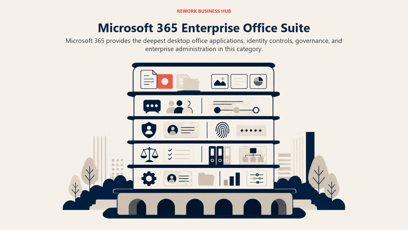 Microsoft 365 Enterprise Office Suite illustrated with enterprise office tower on identity foundation