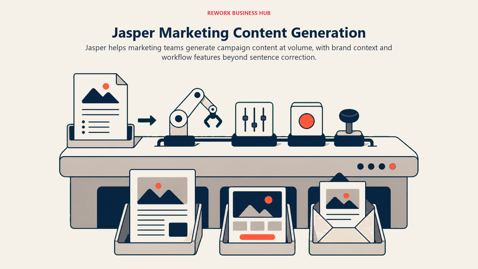 Jasper Marketing Content Generation illustrated with campaign content production bench