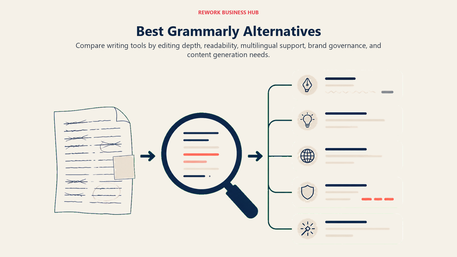 Best Grammarly Alternatives illustrated with writing lens separating five kinds of editorial feedback