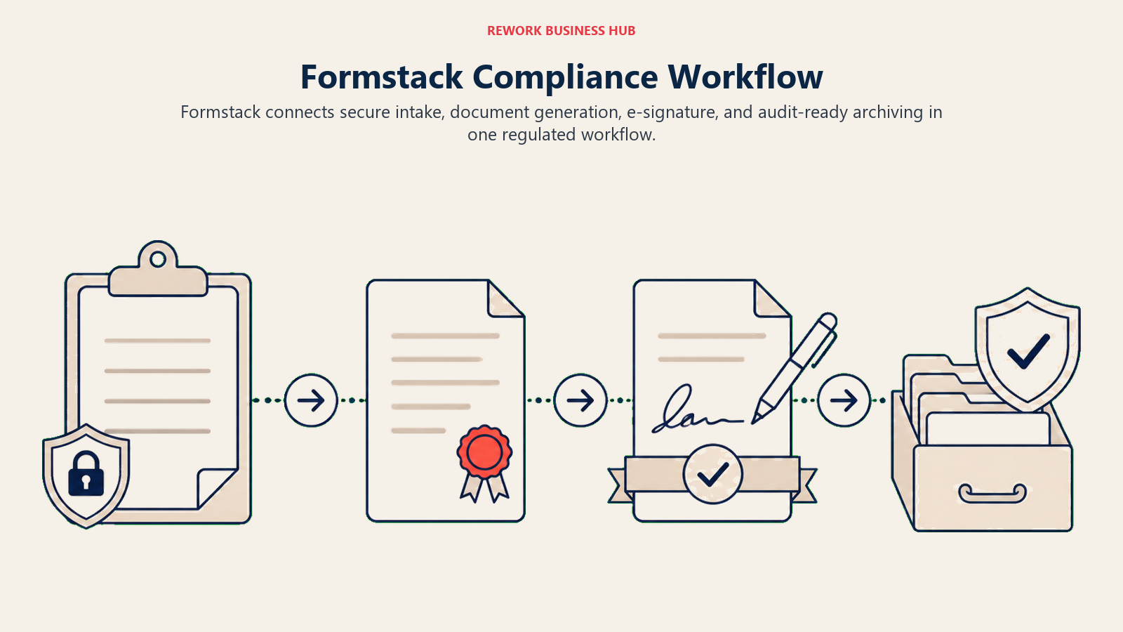 Formstack compliance workflow shown as secure intake, document generation, signature routing, and audit archiving