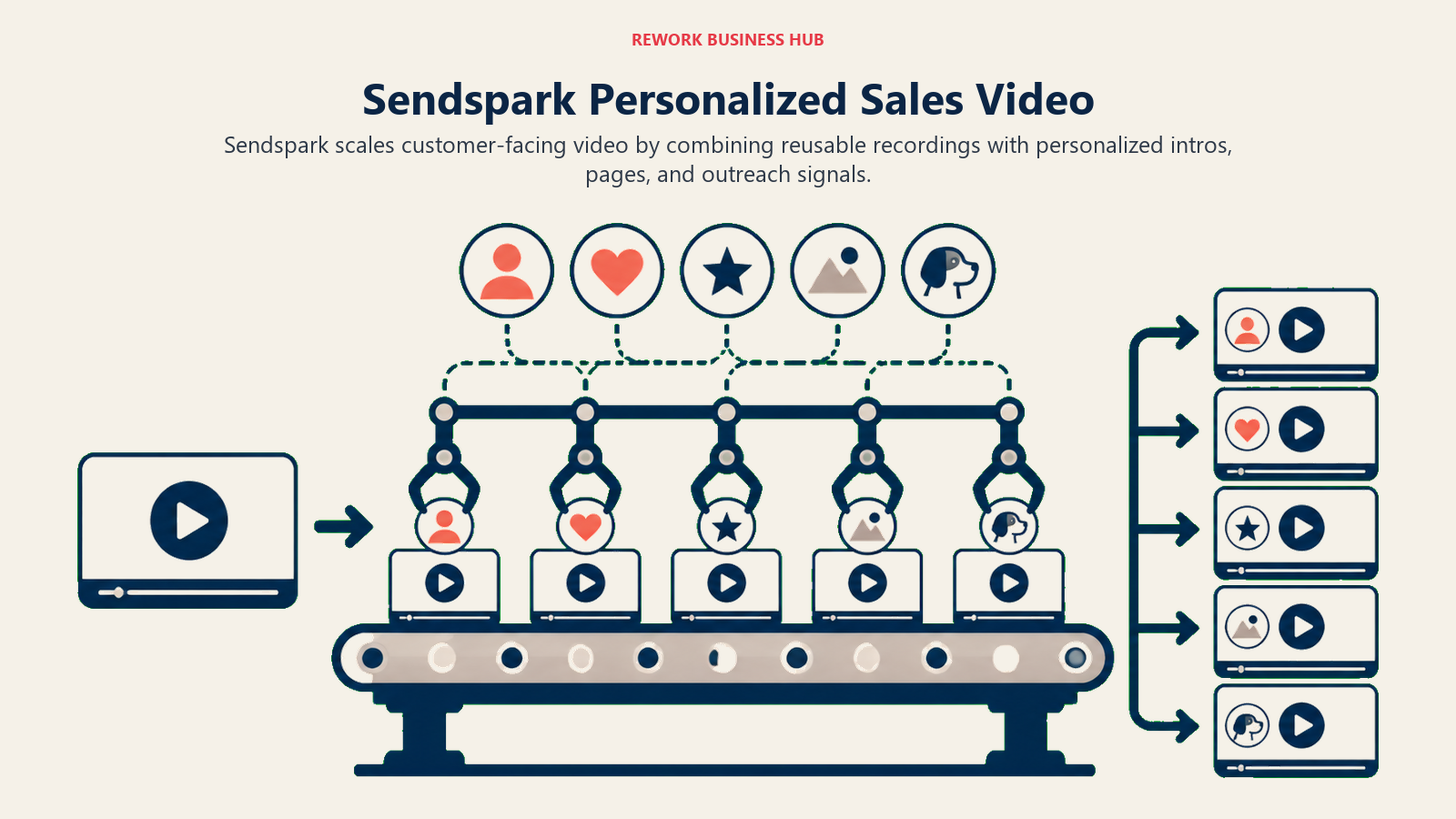 Sendspark Personalized Sales Video illustrated with video personalization assembly line