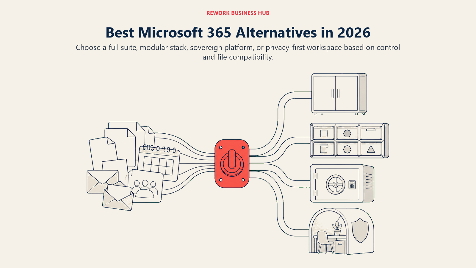 Microsoft 365 alternative paths shown as a workspace switchyard for full suites, modular stacks, sovereign hosting, and privacy