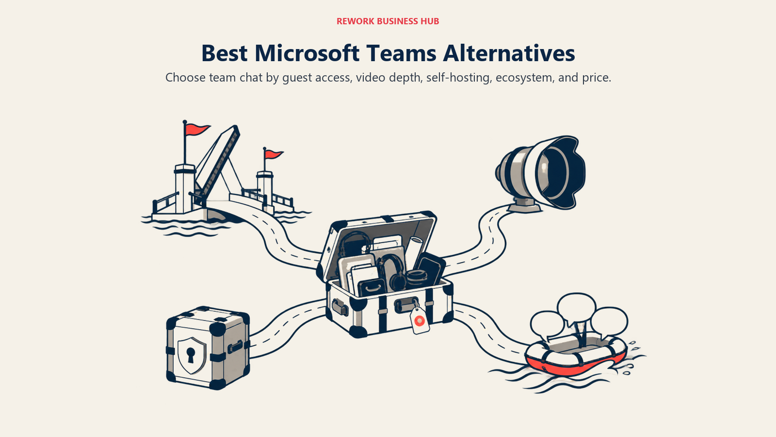 Best Microsoft Teams alternatives represented by a communications trunk opening into guest, video, self-hosted, and lightweight chat routes