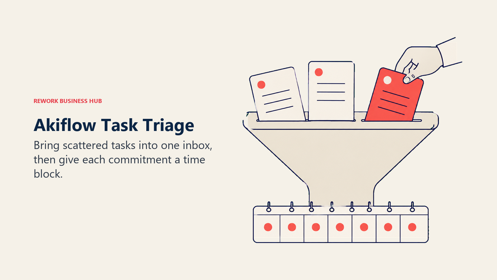 Akiflow Task Triage illustrated with task cards converging through one inbox funnel above a calendar