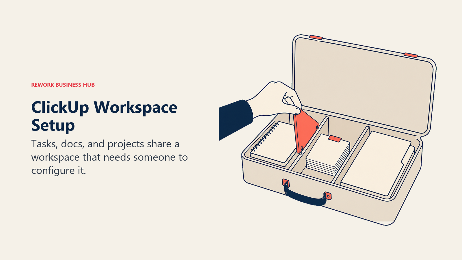 ClickUp Workspace Setup illustrated with an organizer with task, document, and project compartments being configured