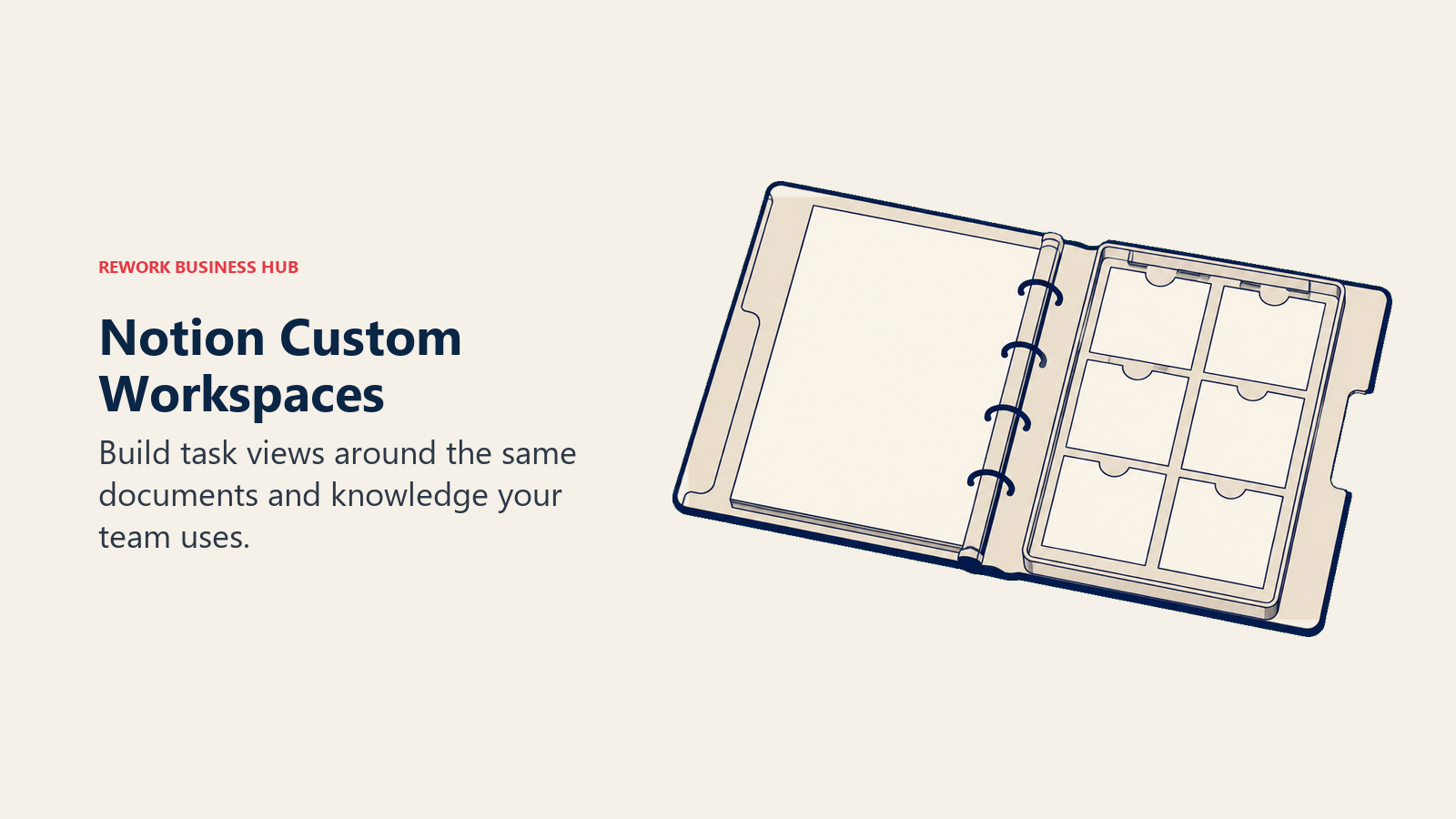 Notion Custom Workspaces illustrated with an open customizable binder holding documents and task pockets