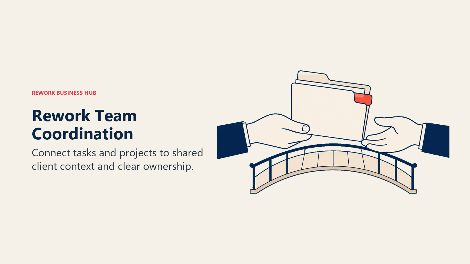Rework Team Coordination illustrated with two hands passing a client folder across a bridge