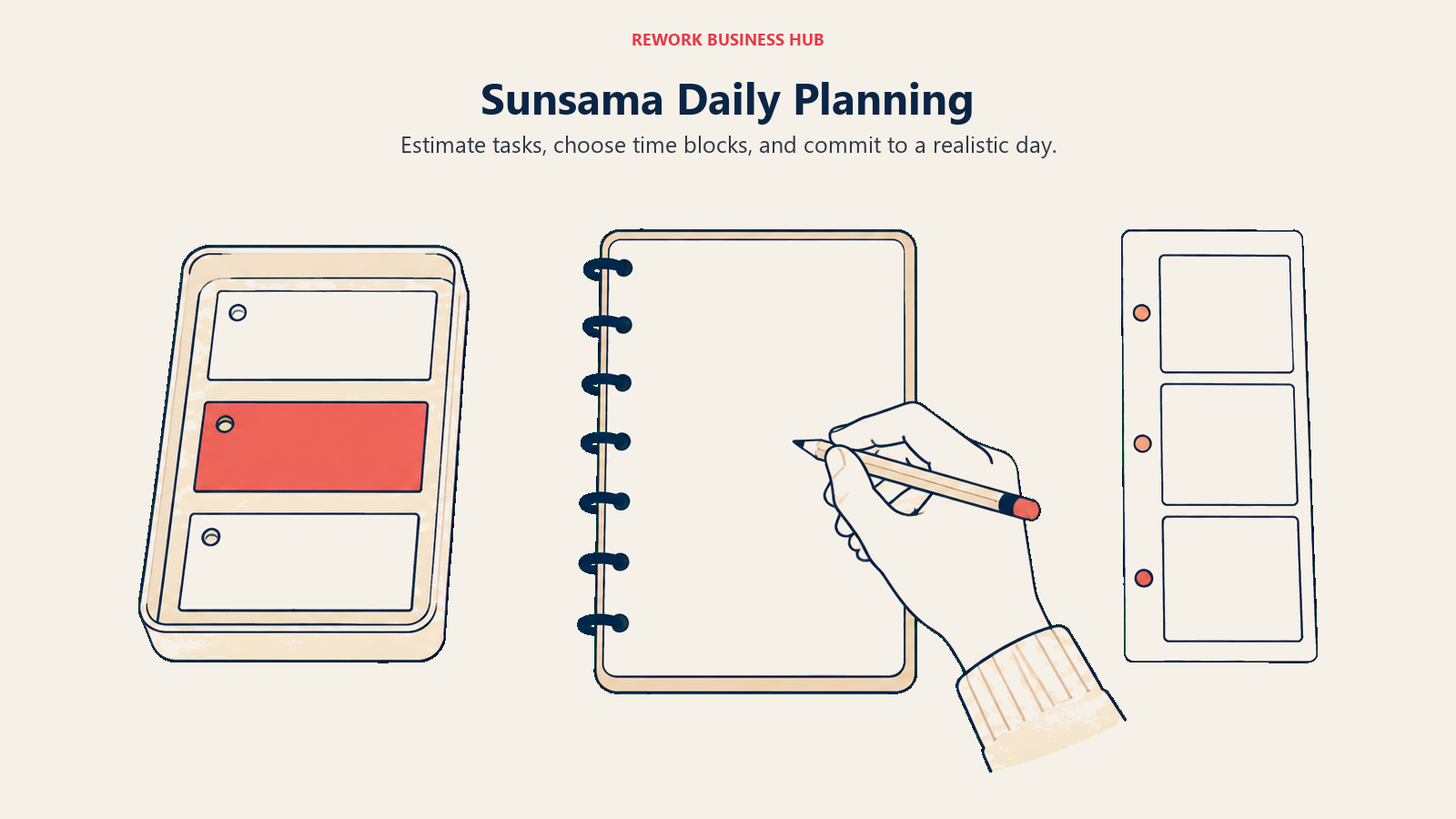 Sunsama Daily Planning illustrated with task intake, manual daily planning, and a realistic set of time blocks