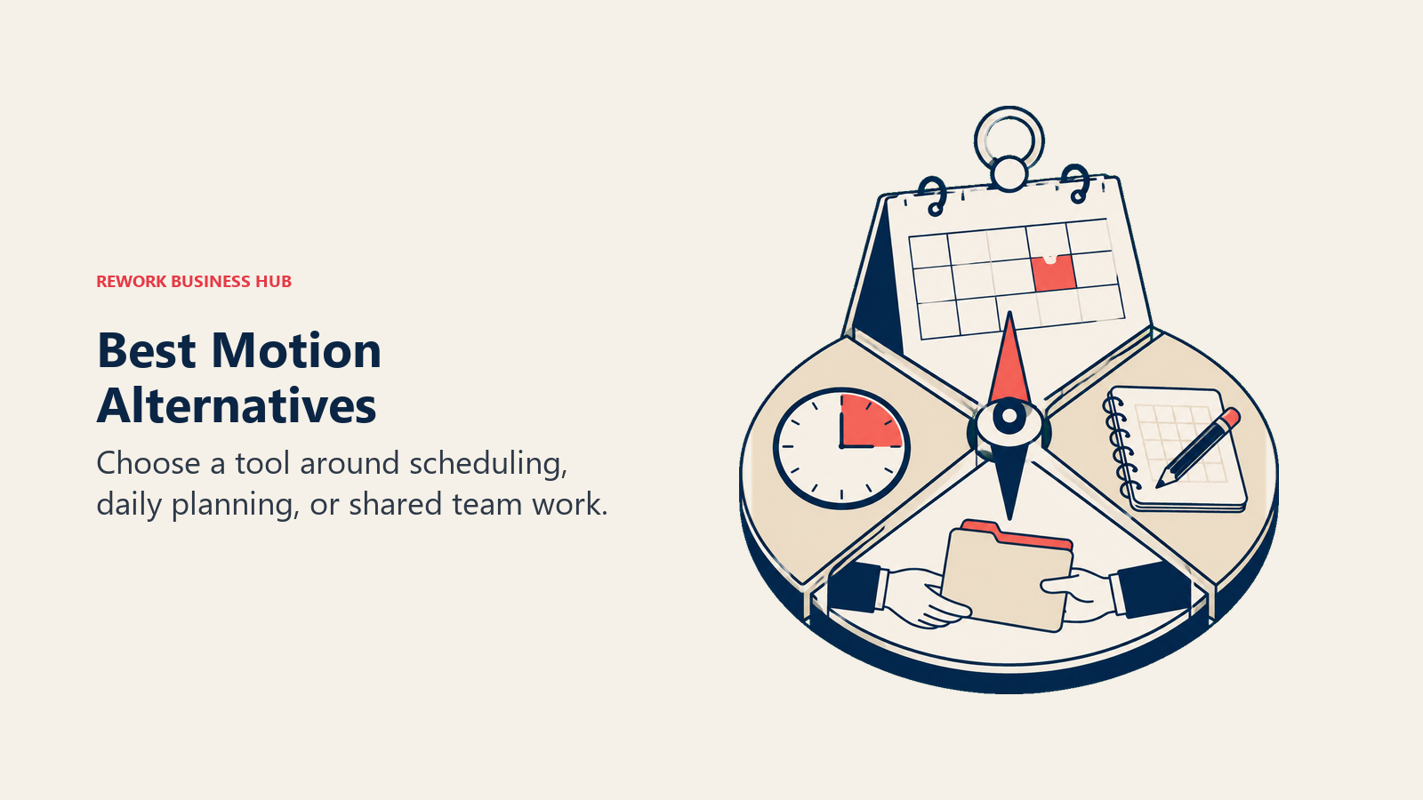 Best Motion Alternatives illustrated with folding calendar compass with scheduling, planner, and shared-folder choices