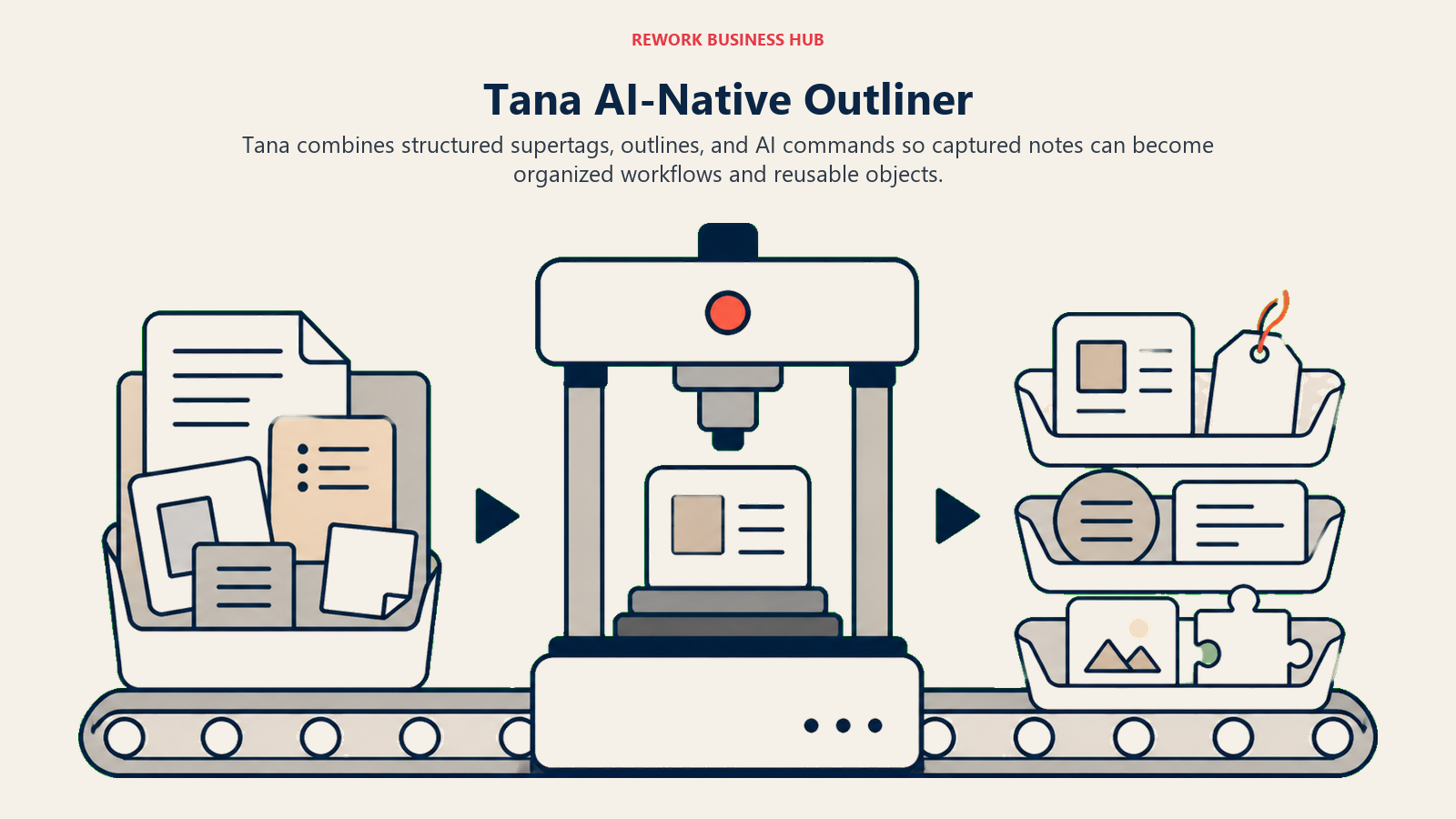 Tana AI-Native Outliner illustrated with outline workbench with AI transformation press