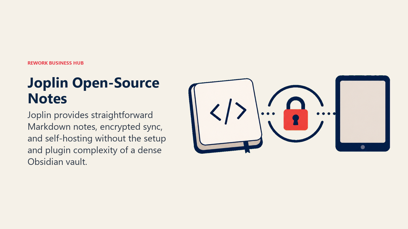 Joplin Open-Source Notes illustrated with simple open notebook with private sync lock