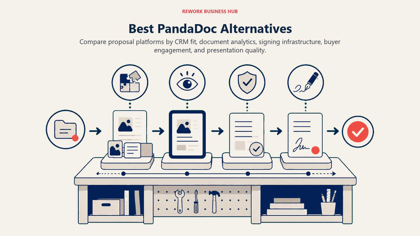 Best PandaDoc Alternatives illustrated with proposal assembly line from CRM record to signed deal