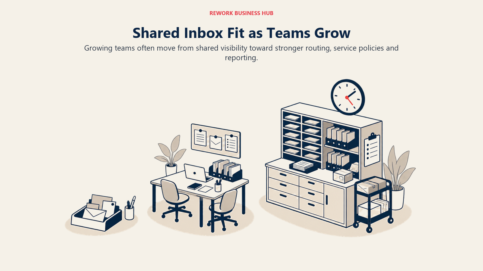 Shared Inbox Fit as Teams Grow represented by expanding mailroom stages