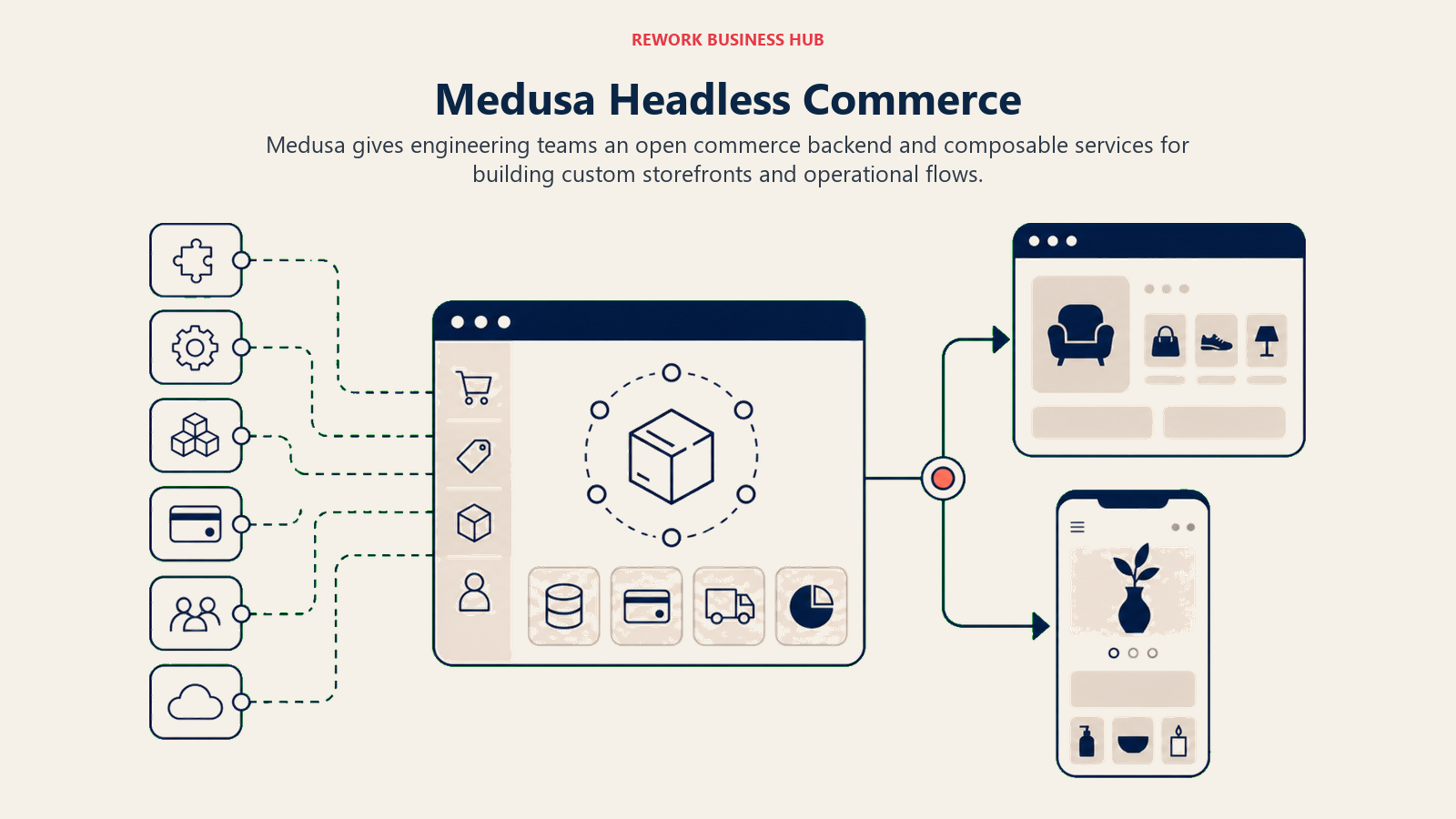 Medusa Headless Commerce illustrated with headless backend with composable service orbit