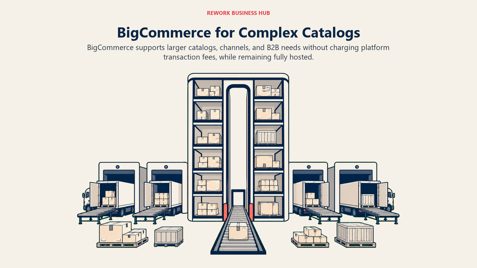 BigCommerce for Complex Catalogs illustrated with hosted catalog tower with channel docks