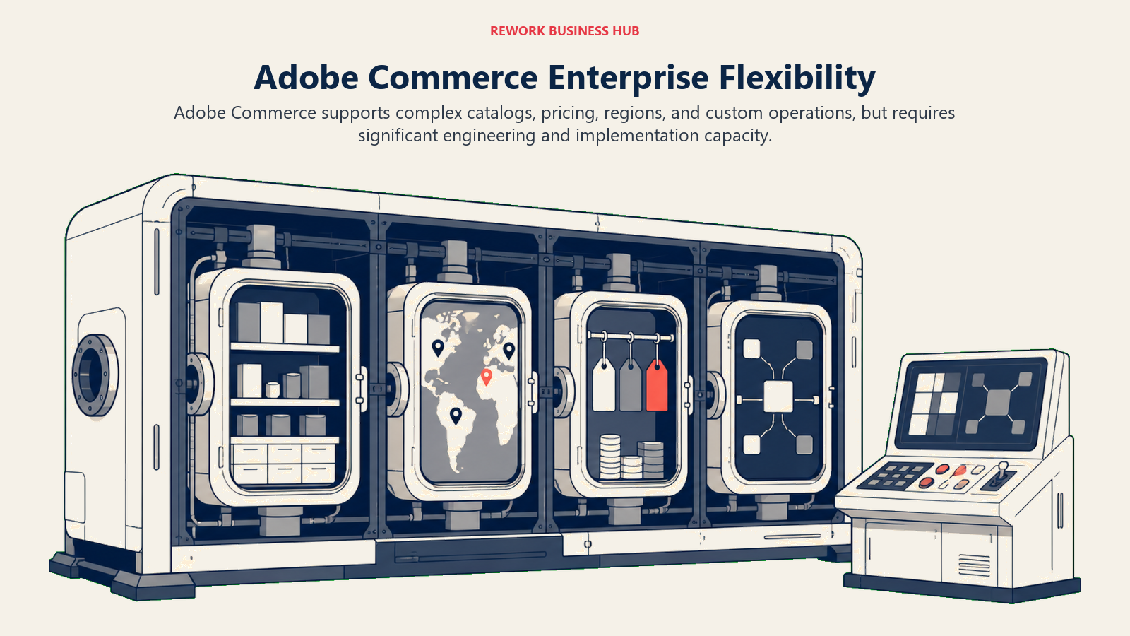 Adobe Commerce Enterprise Flexibility illustrated with large configurable commerce machine