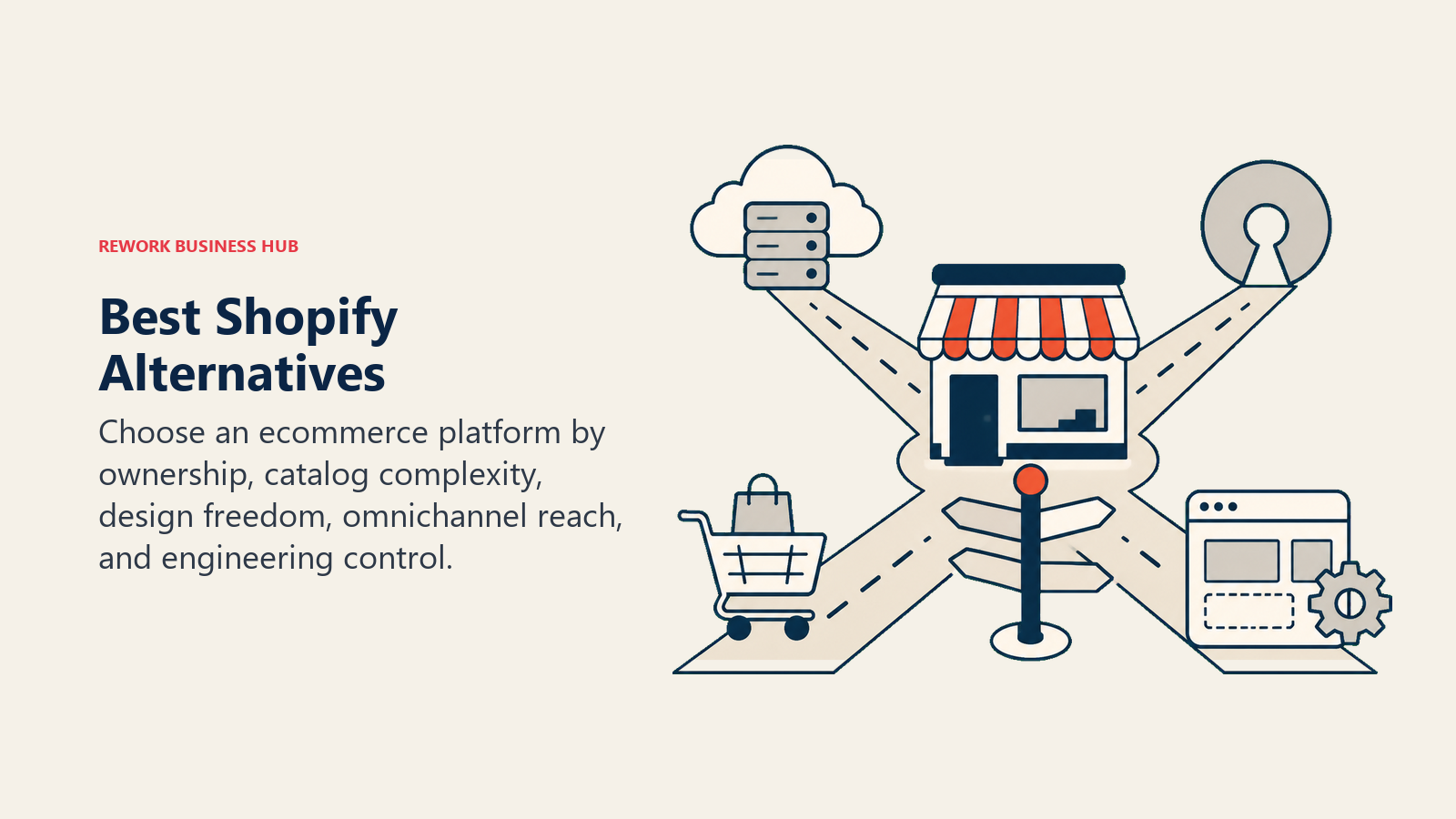 Best Shopify Alternatives illustrated with storefront crossroads with hosted, open, embedded, and headless paths