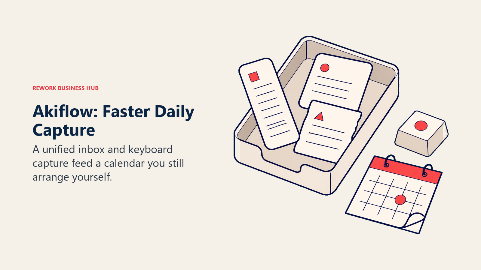 Akiflow daily capture shown as messages and task slips feeding a shared inbox beside a calendar