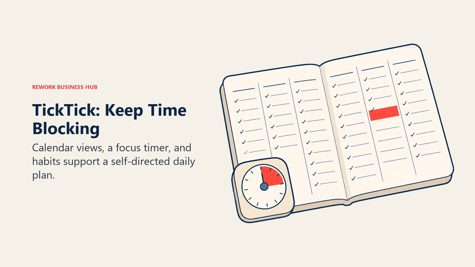 TickTick manual planning represented by an open planner and focus timer