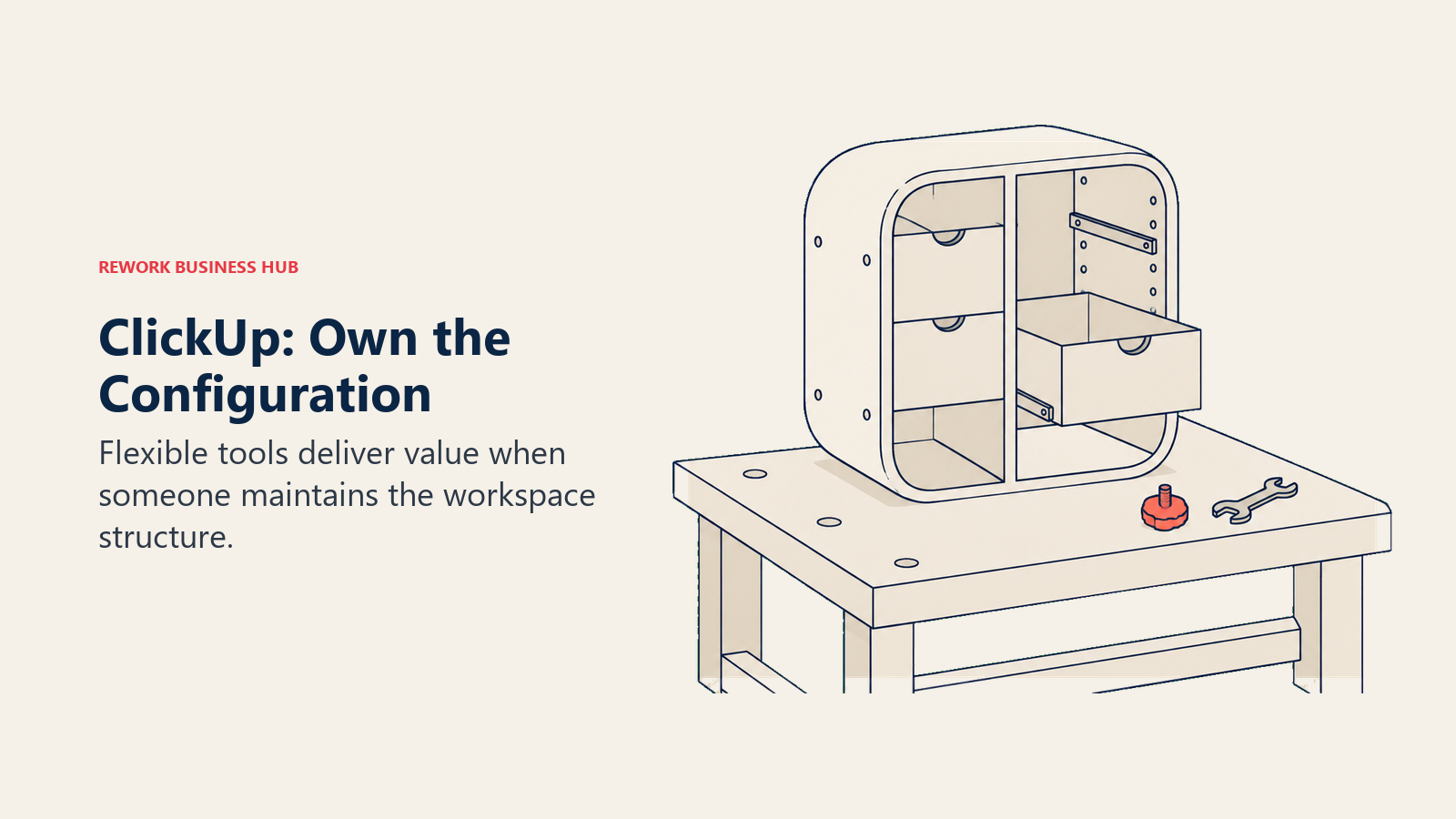 A configurable workspace cabinet sits on a workbench with maintenance tools, illustrating ClickUp ownership.