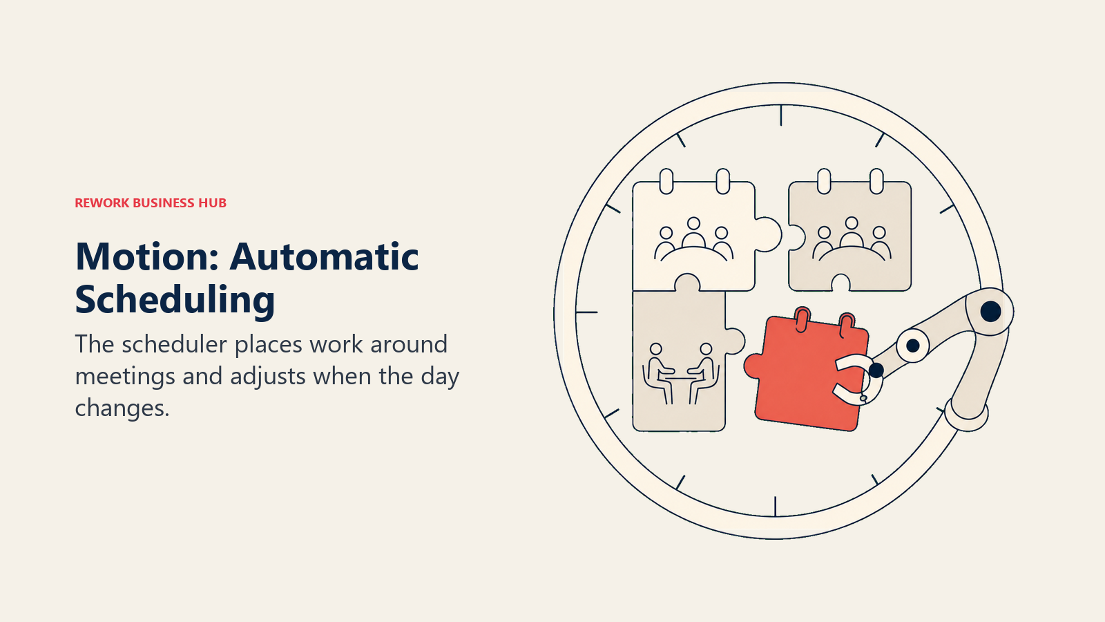 A robotic hand fits a task into a clock-shaped schedule, illustrating Motion automatic planning.