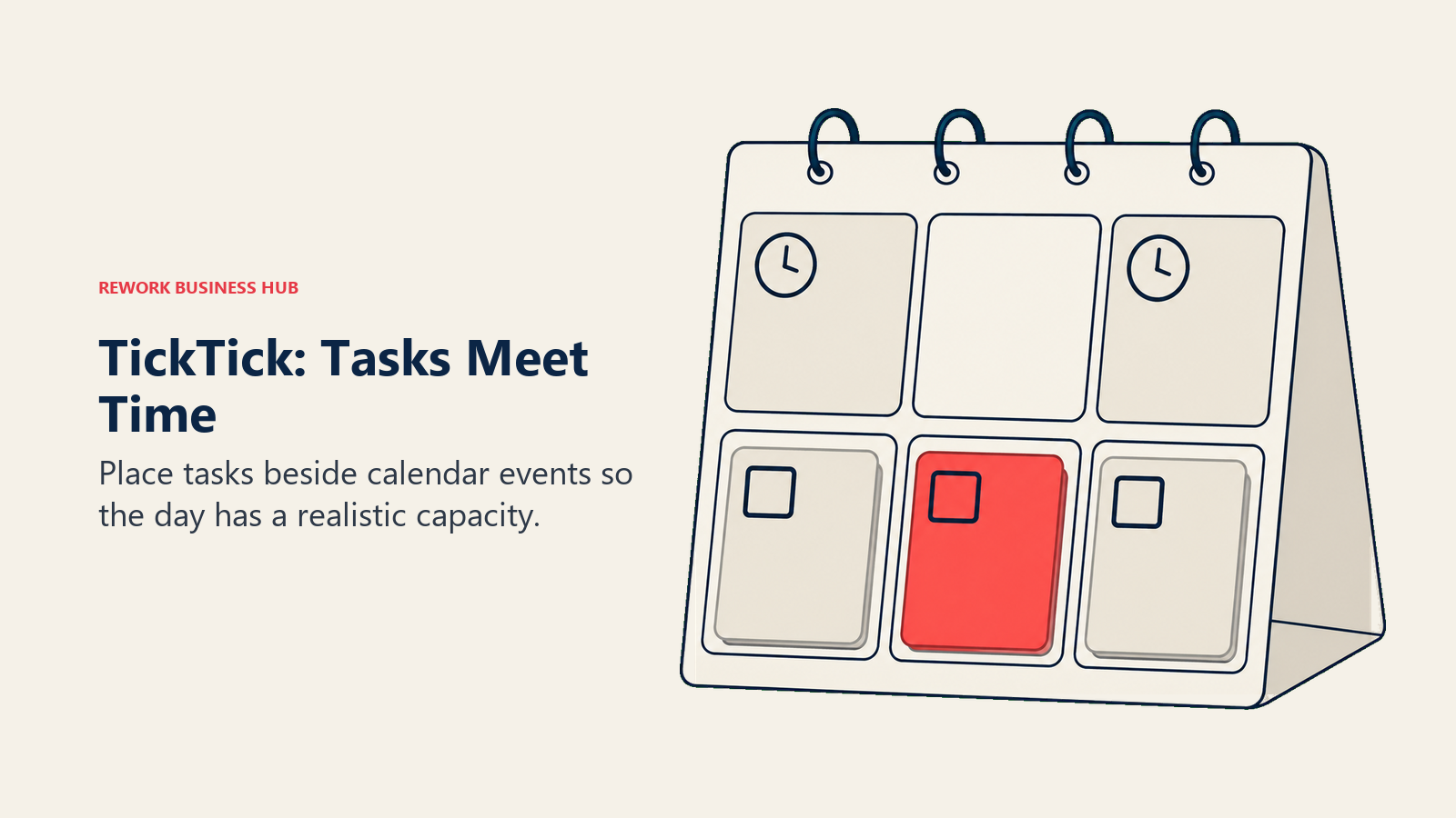 Task cards sit beside clock symbols on a calendar, illustrating TickTick planning.