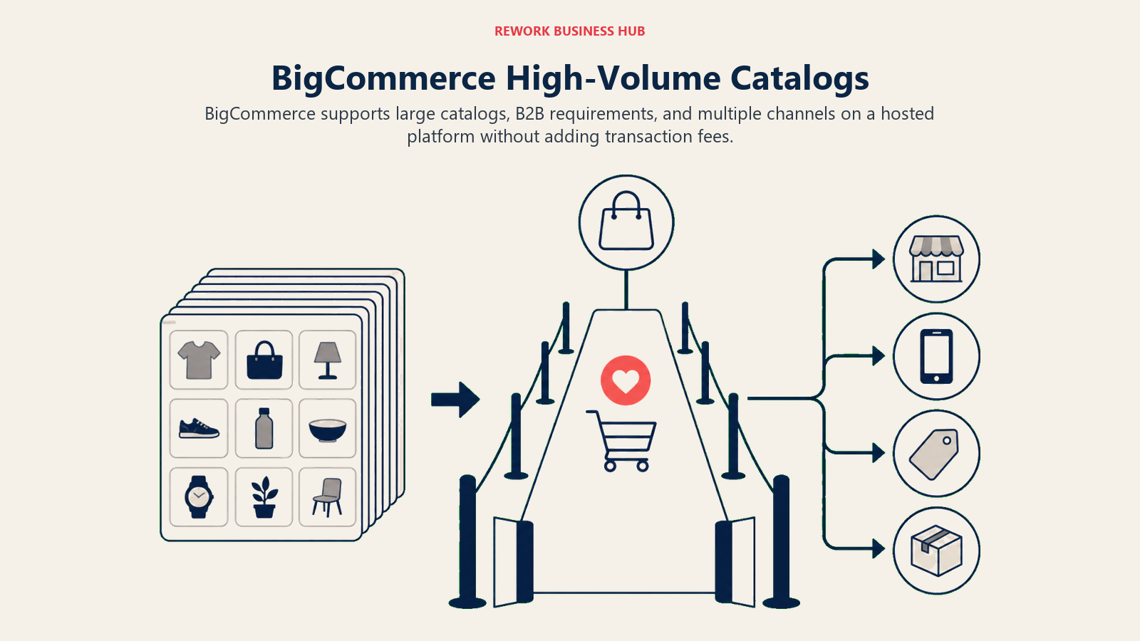 BigCommerce High-Volume Catalogs illustrated with large catalog stack with open checkout lane