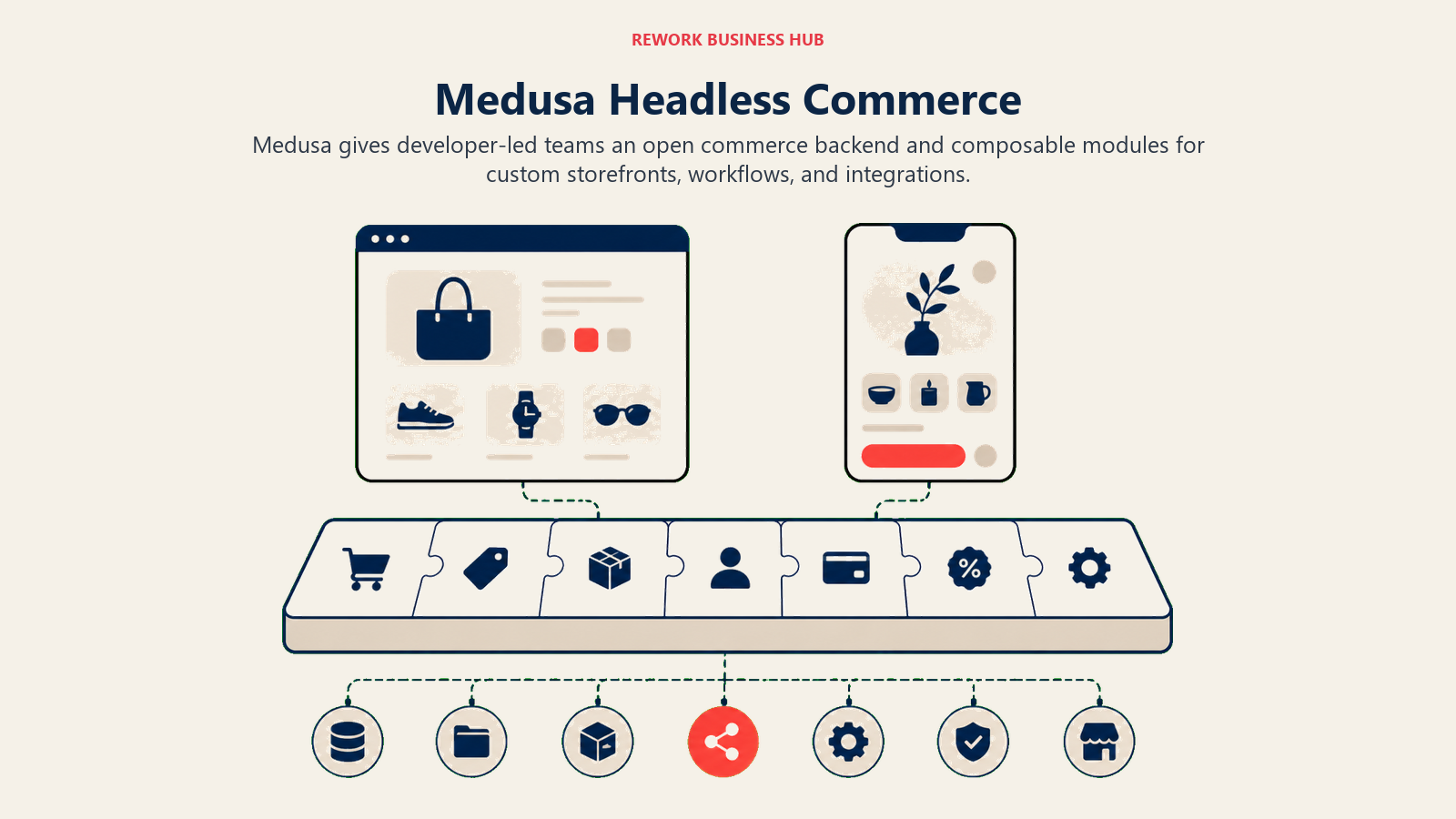 Medusa Headless Commerce illustrated with composable backend and storefront layers