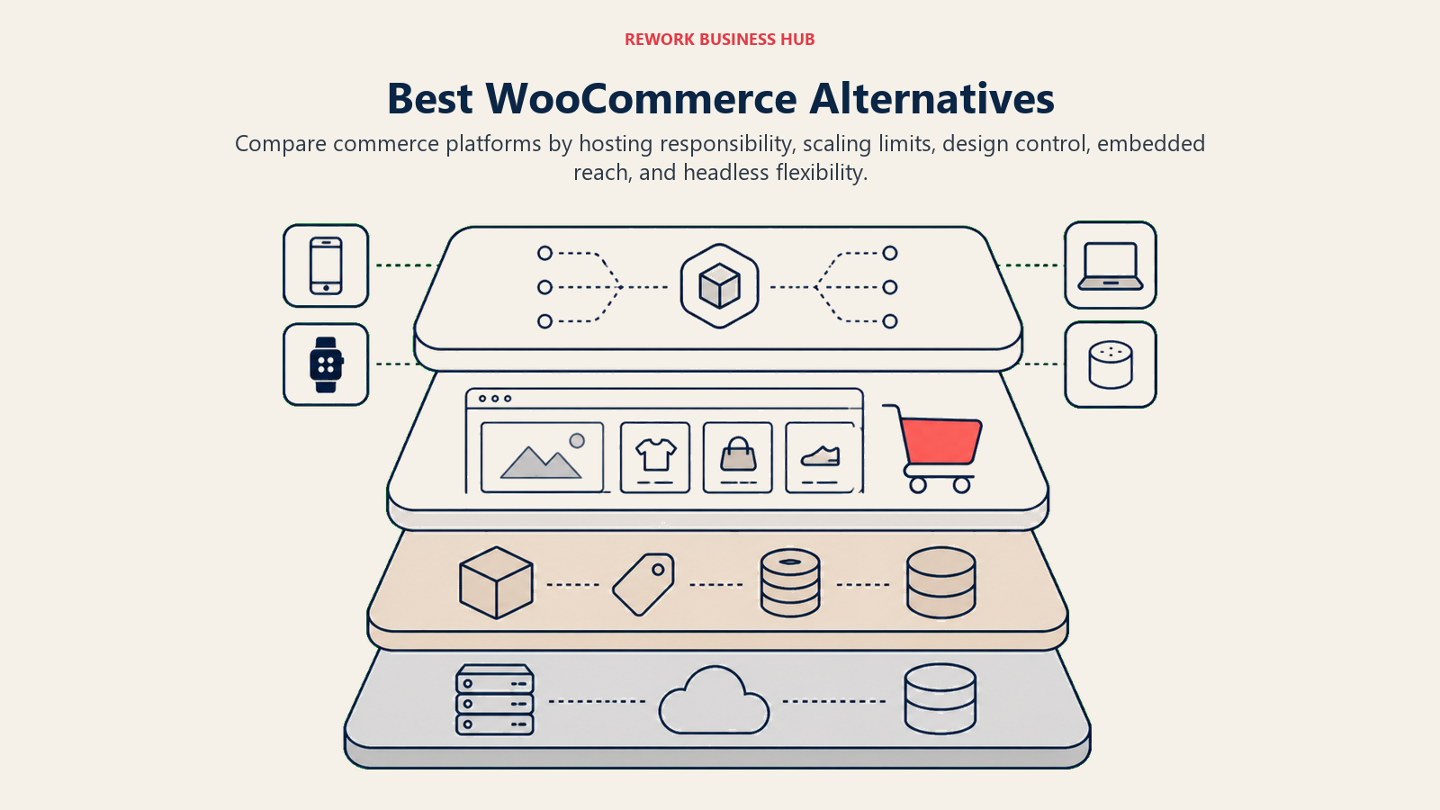 Best WooCommerce Alternatives illustrated with commerce infrastructure stack from hosting to storefront
