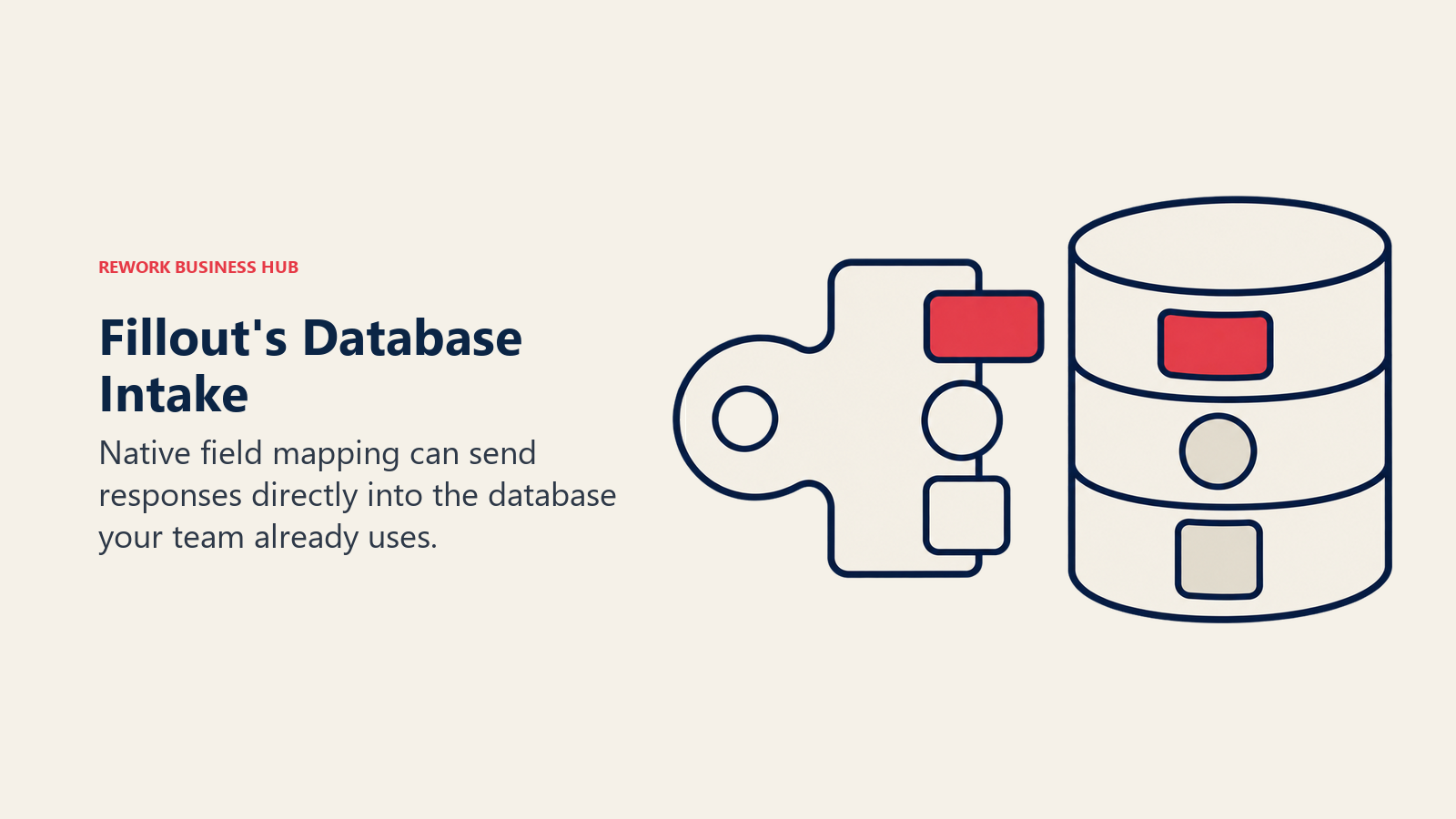 Matching form fields and a database cylinder illustrate Fillout's database intake