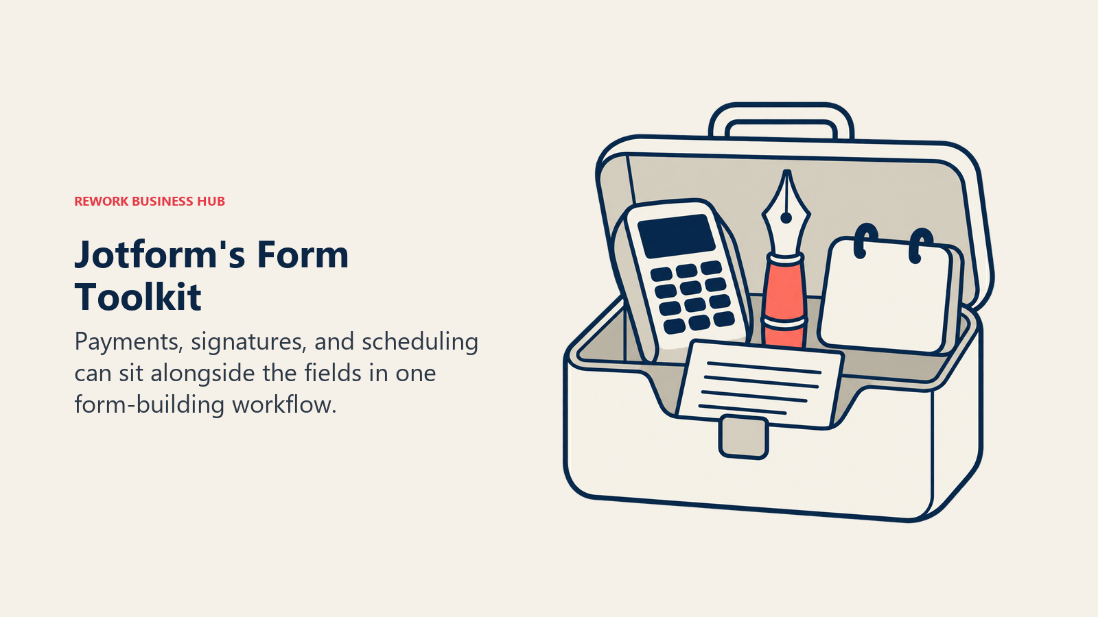 A toolbox holds a payment reader, pen, and calendar for Jotform form workflows