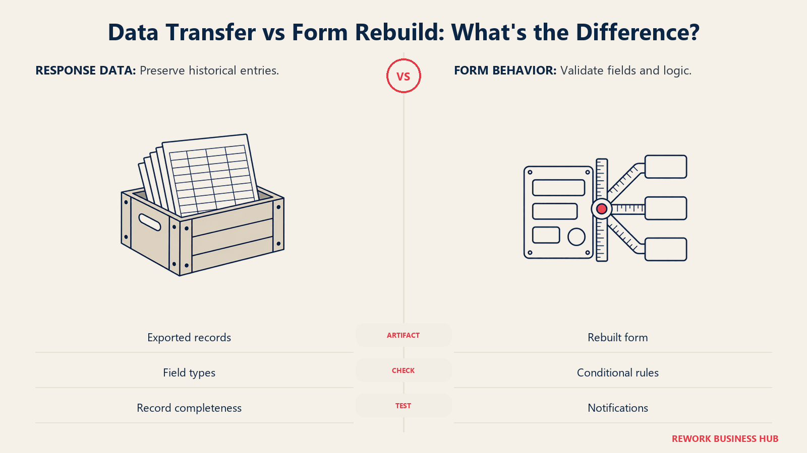 Response records in a moving crate compared with a form stencil for validating rebuilt logic