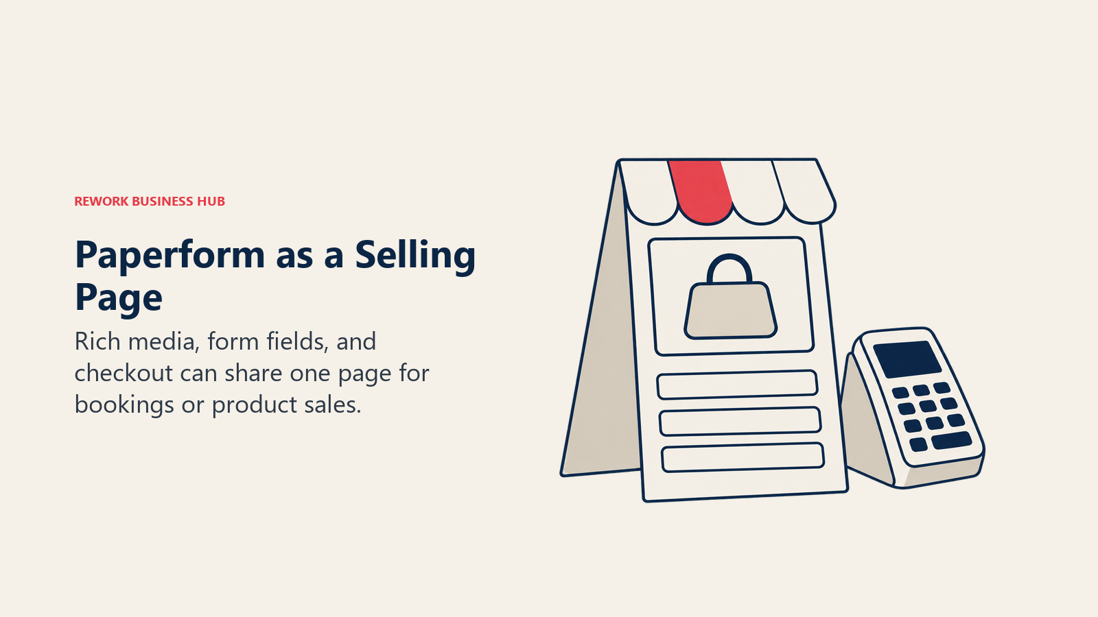 A storefront-shaped form page and payment terminal illustrate Paperform content and checkout