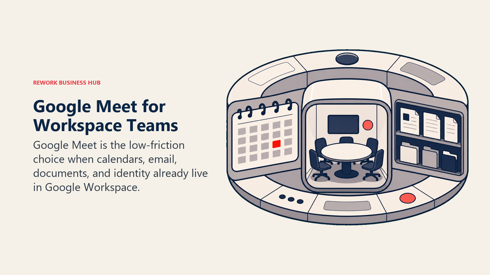 Google Meet for Workspace Teams illustrated with meeting room docked into workspace calendar
