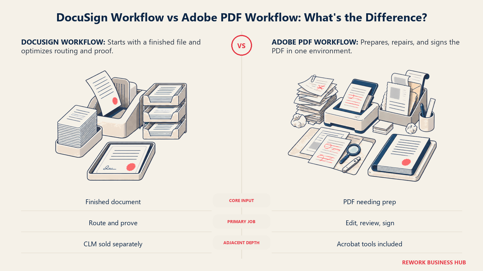 DocuSign finished-document routing station compared with Adobe PDF preparation and signing workspace