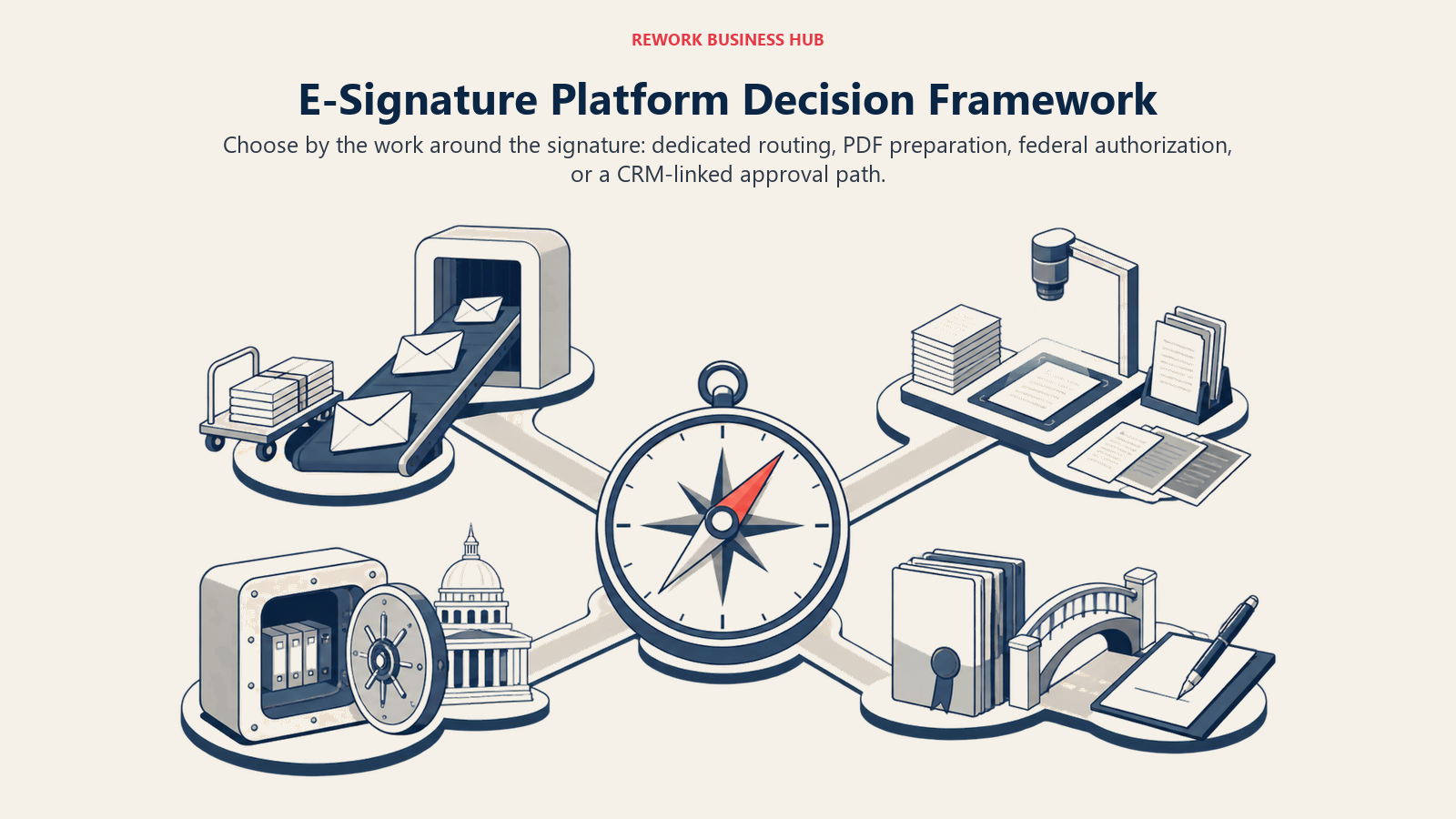 E-signature decision compass routing buyers toward dedicated signing, PDF preparation, federal authorization, or CRM-linked approval