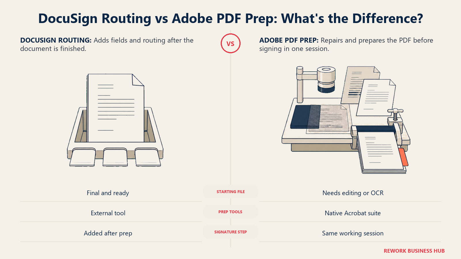 DocuSign routing a finished PDF compared with Adobe repairing, redacting, and preparing a PDF before signature