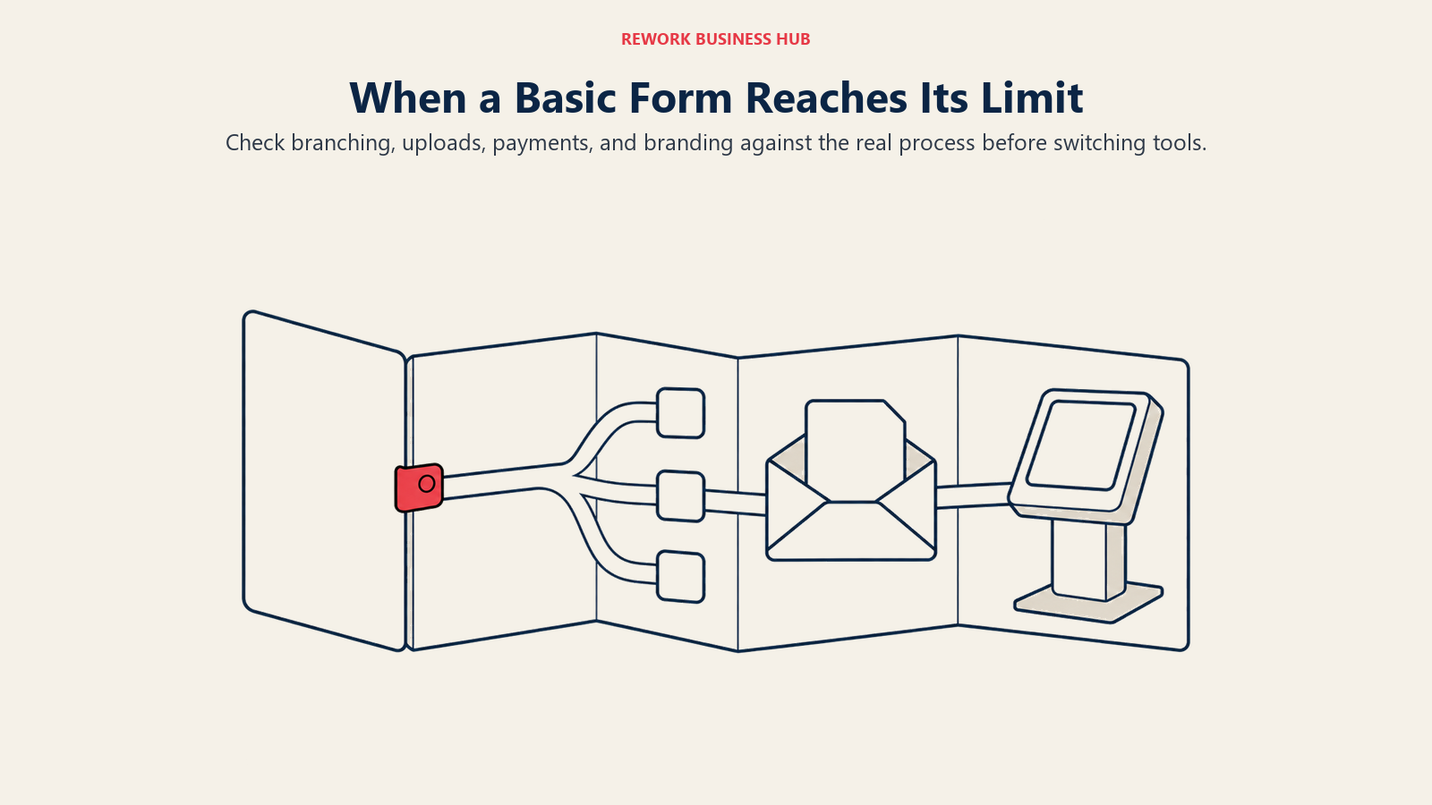 A form opens into branching, file intake, and payment requirements to evaluate before switching tools
