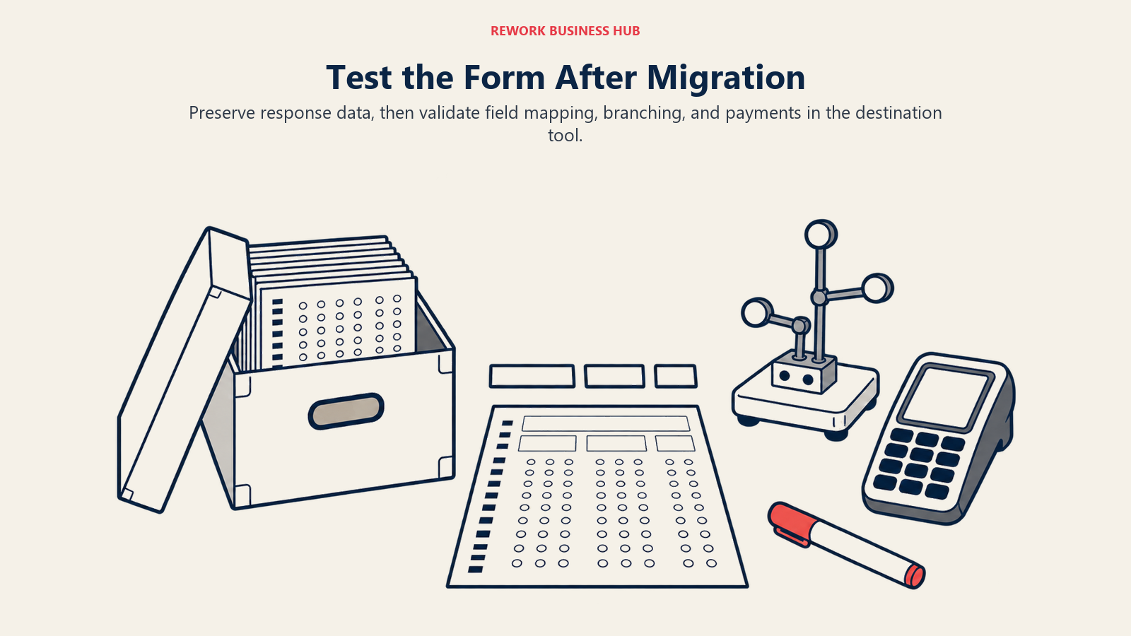 Archived responses, form fields, branching tests, and a payment terminal illustrate migration validation