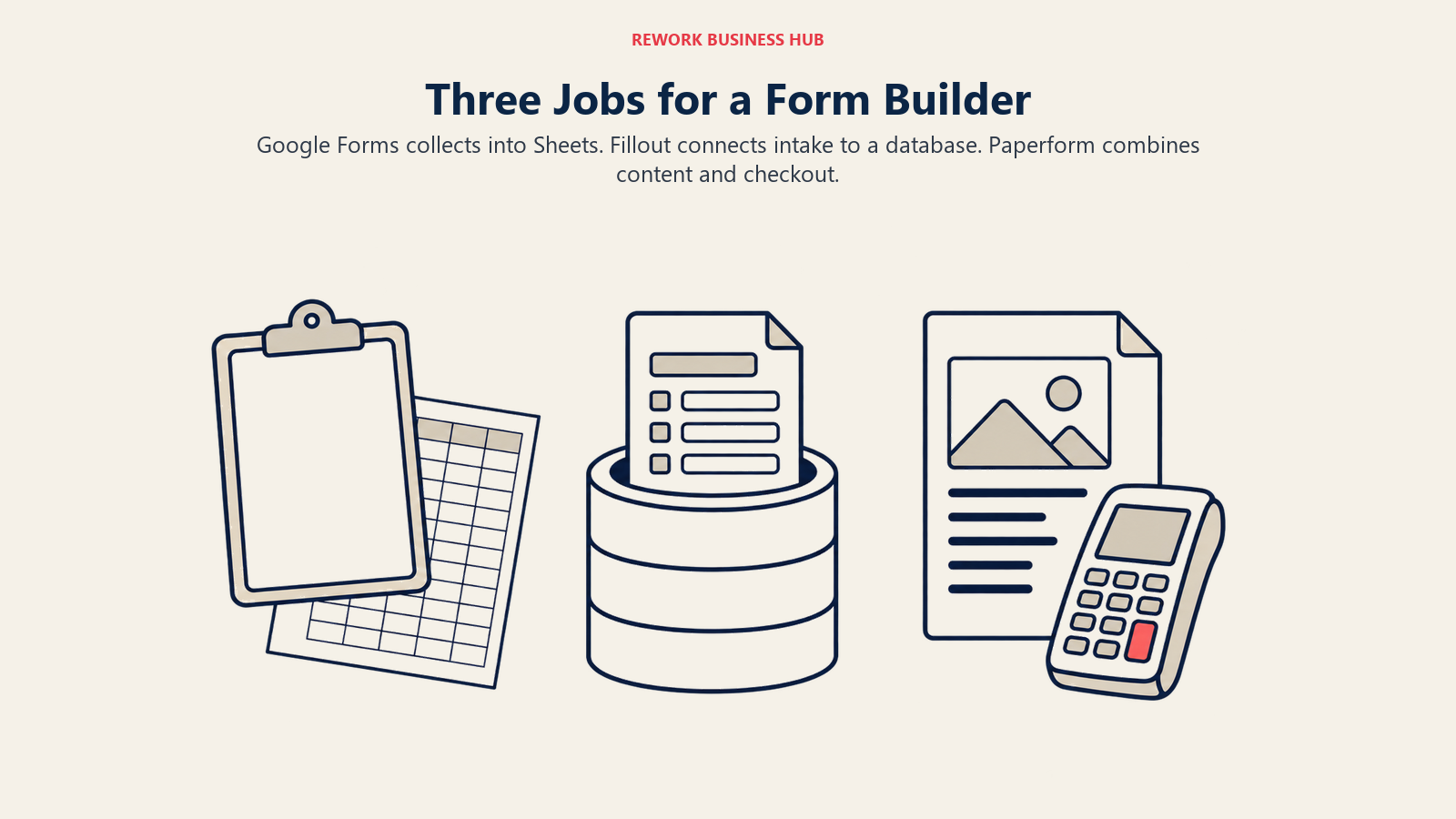 Google Forms intake, Fillout database connection, and Paperform content with checkout shown as three alternatives