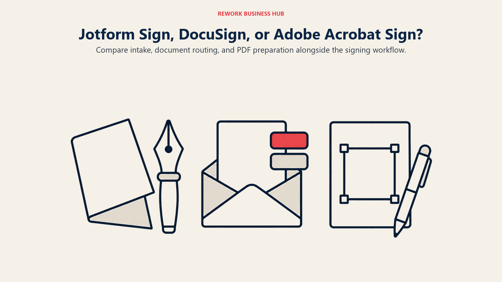Jotform Sign, DocuSign, and Adobe Sign shown as form-generated, routed-finished, and PDF-edited signature workflows